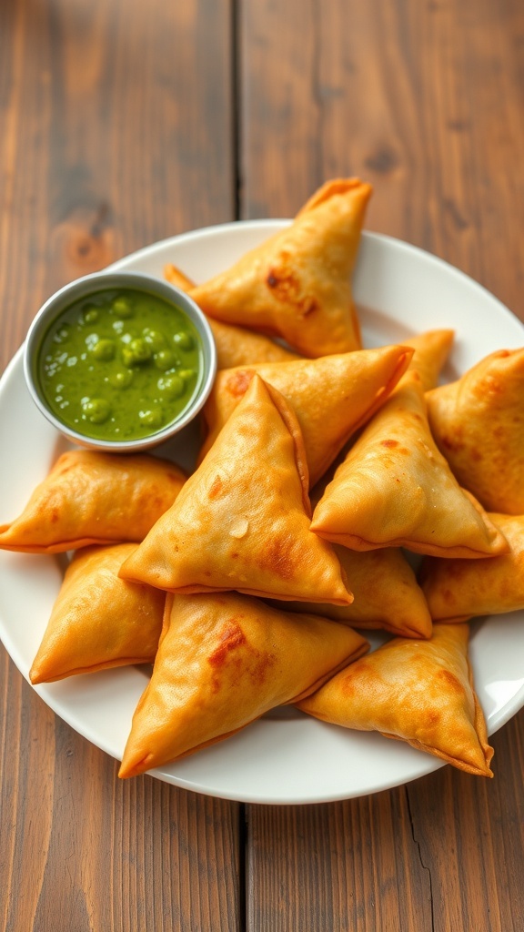 Baked Samosas Recipe Baked samosas filled with potatoes and peas, served with green chutney on a rustic plate.